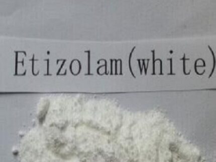 Pure Etizolam Powder in a secure lab container, available for research purposes only at Psychedelic Schrooms.